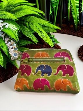 Colorful Velvet Elephant Pouch - Green with Pink Orange Blue Accents